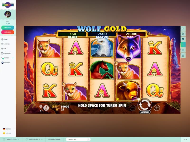 Screenshot Spinia casino lobby spielautomat Wolf Gold