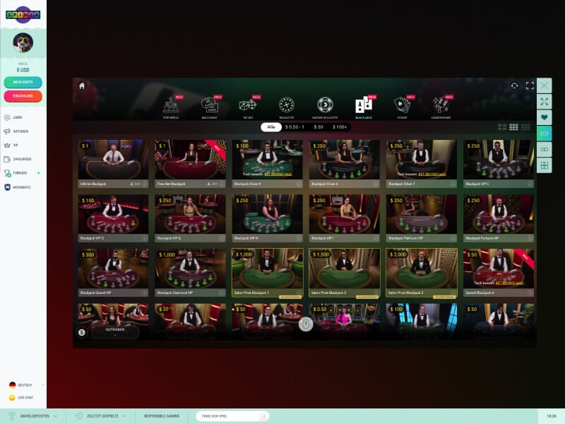 Screenshot Spinia casino lobby spielautomat Blackjack Live